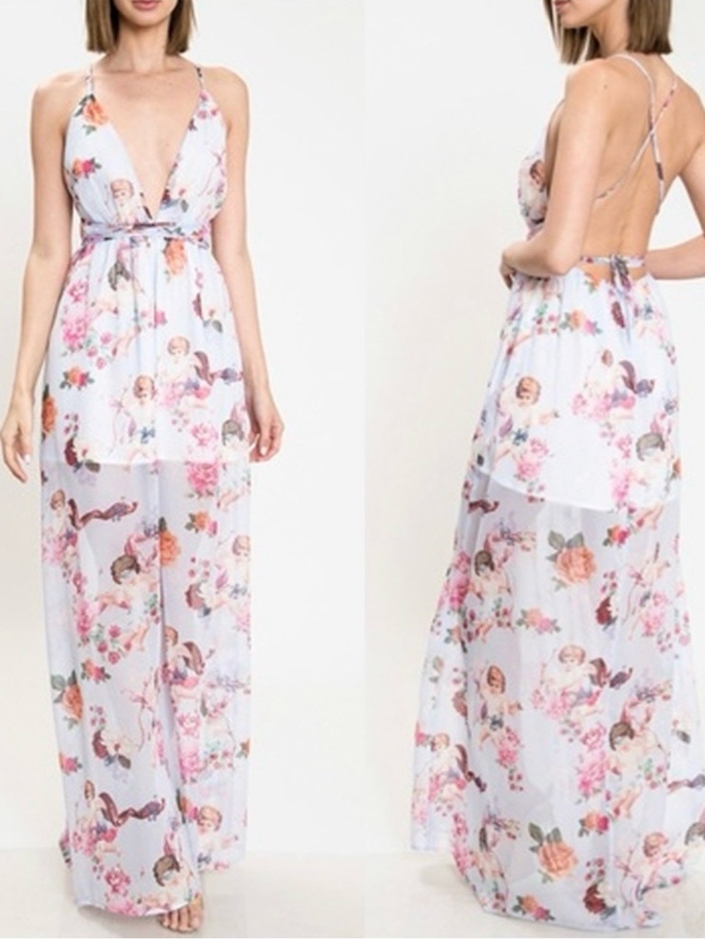 L’ATISTE by Amy Cupid Angel Floral Chiffon Maxi Dress Open Back Romantic Large